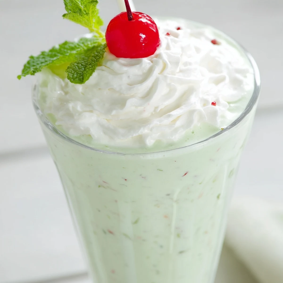 A close-up of creamy Mint Milkshake with Maraschino Cherry showing a thick, frosty texture and fresh mint garnish.