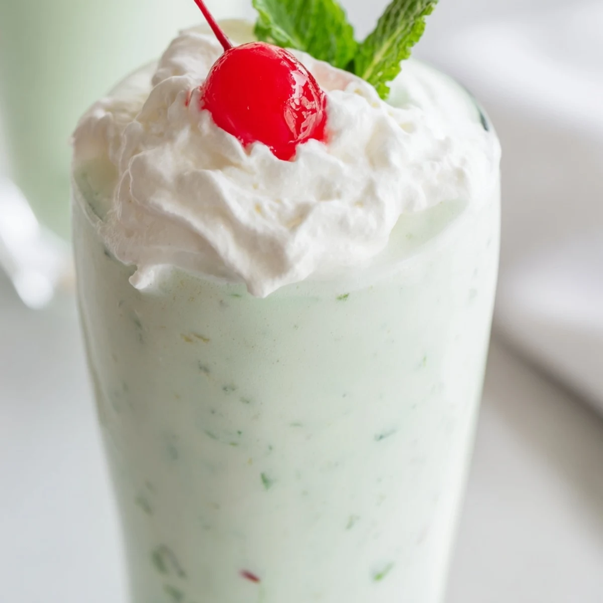 Two tall glasses of Mint Milkshake with Maraschino Cherry, topped with fluffy whipped cream and bright red cherries.