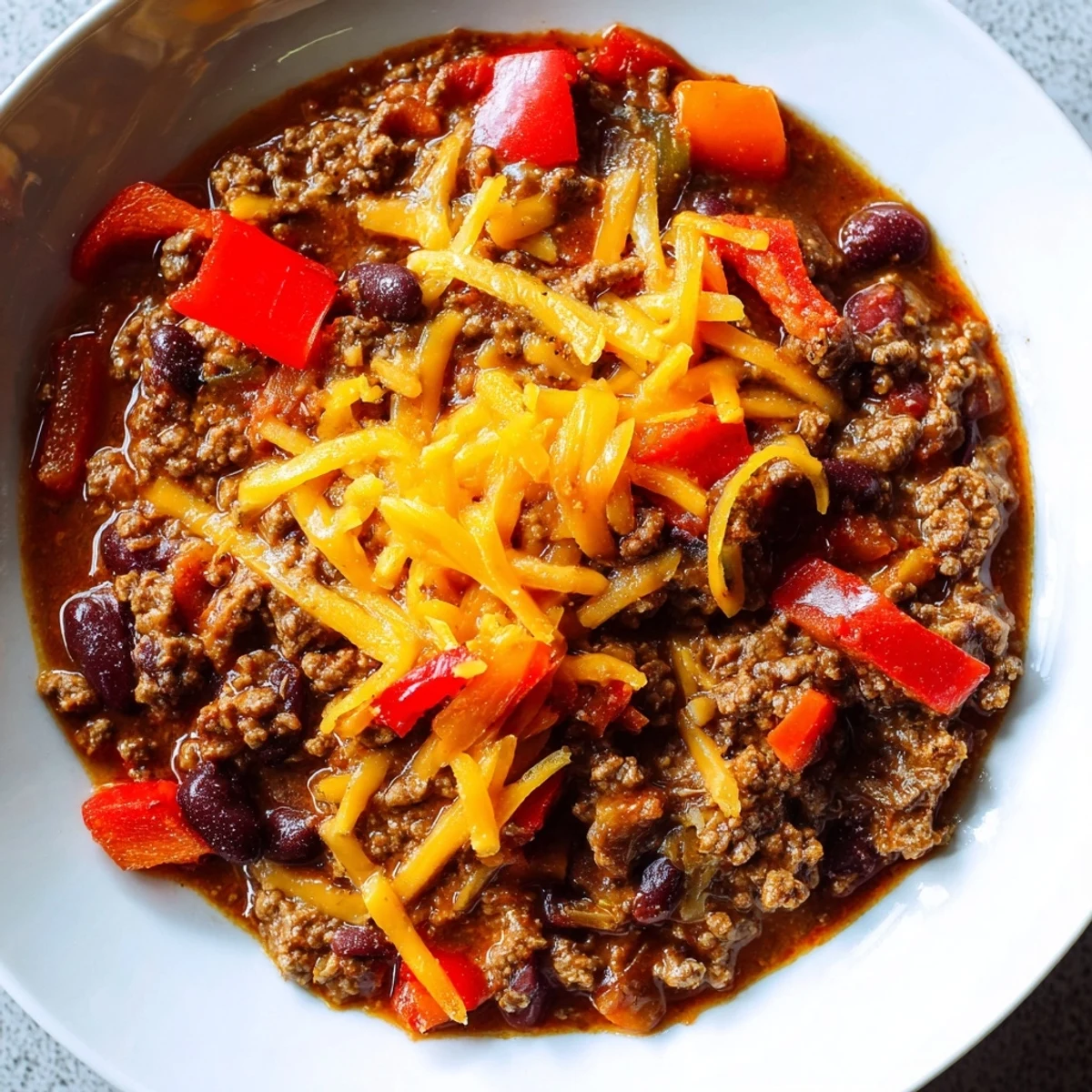 A bowl of steaming Spicy Beef Chili with Cheddar Cheese, featuring ground beef, beans, and tomatoes, topped with melty cheddar and fresh cilantro.  