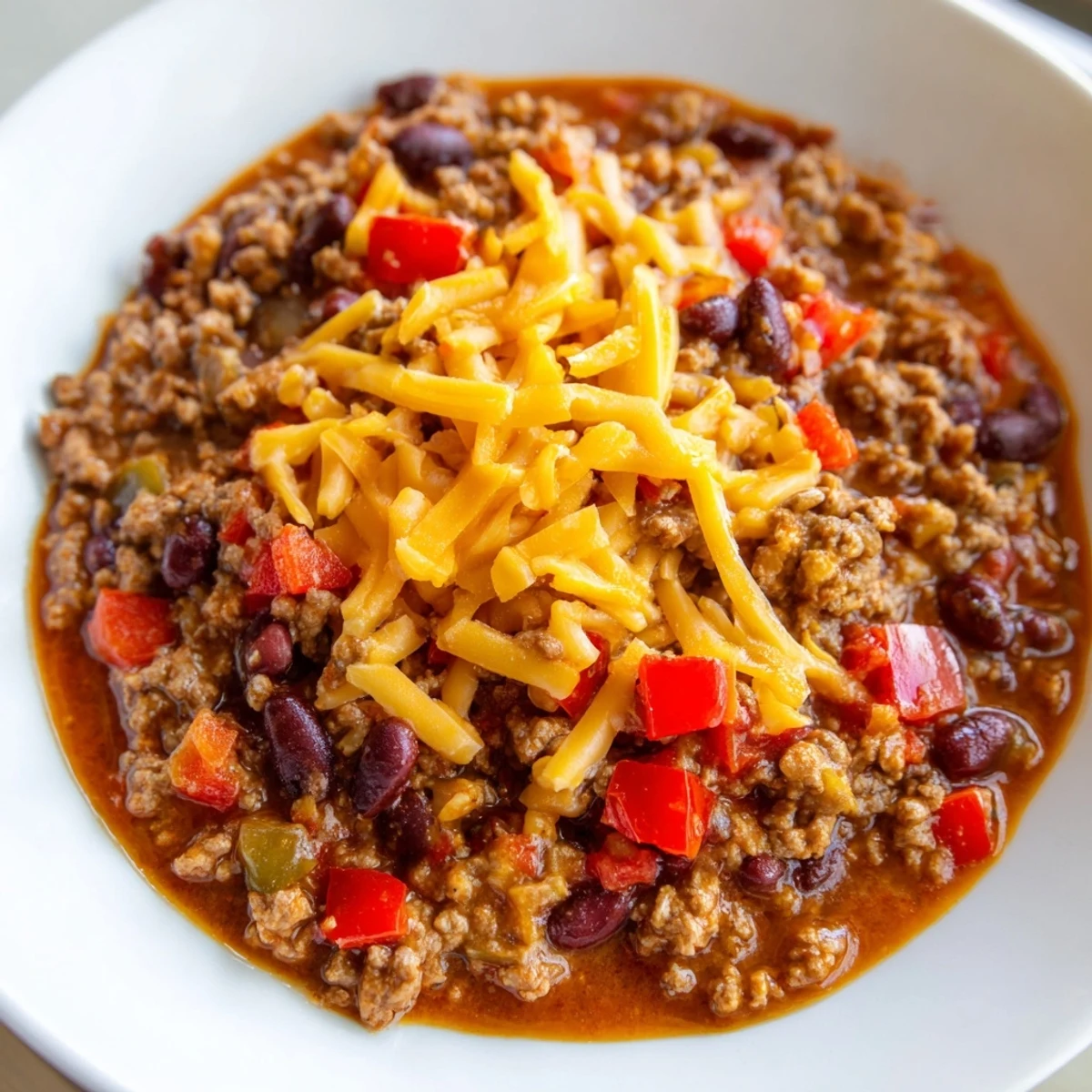 Hot Spicy Beef Chili with Cheddar Cheese in a rustic bowl, garnished with green onions and a dollop of sour cream, served with tortilla chips.  