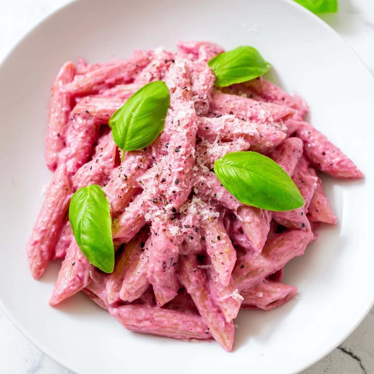Creamy Pink Pasta with Beet Cream Sauce garnished with fresh basil and Parmesan on a rustic wooden table.