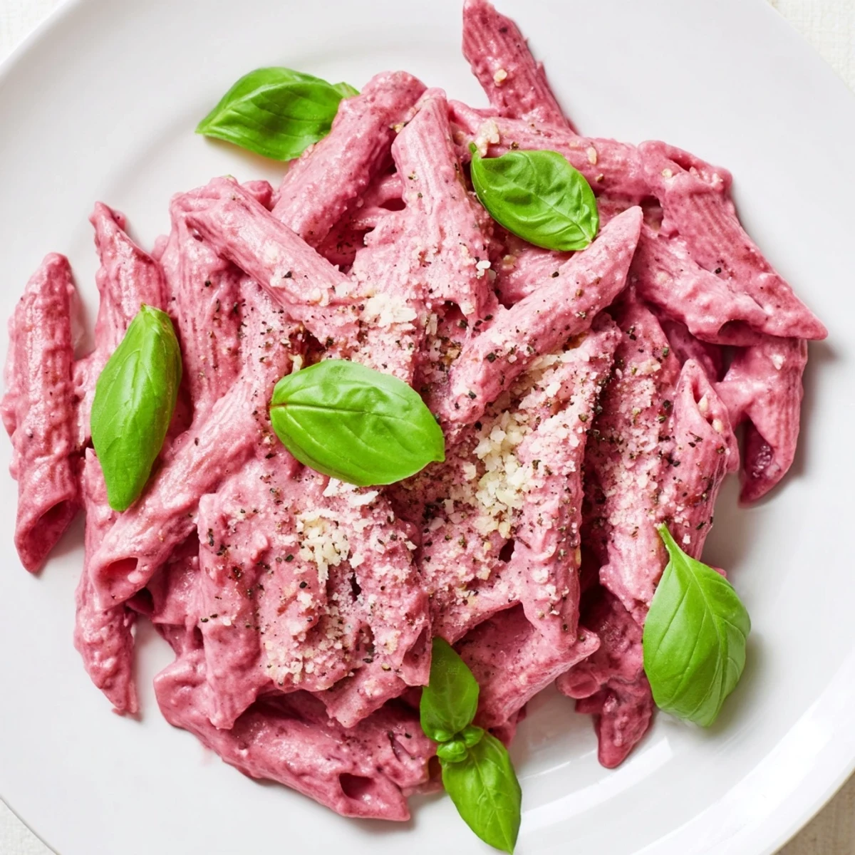 A bowl of vibrant Pink Pasta with Beet Cream Sauce topped with extra grated cheese and cracked black pepper.