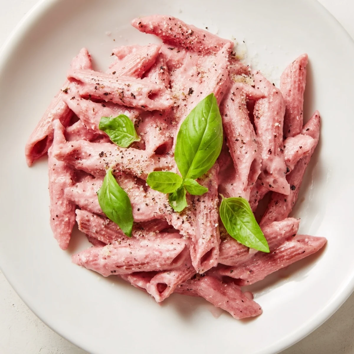 Close-up of luscious Pink Pasta with Beet Cream Sauce coating penne, with a glass of crisp white wine nearby.