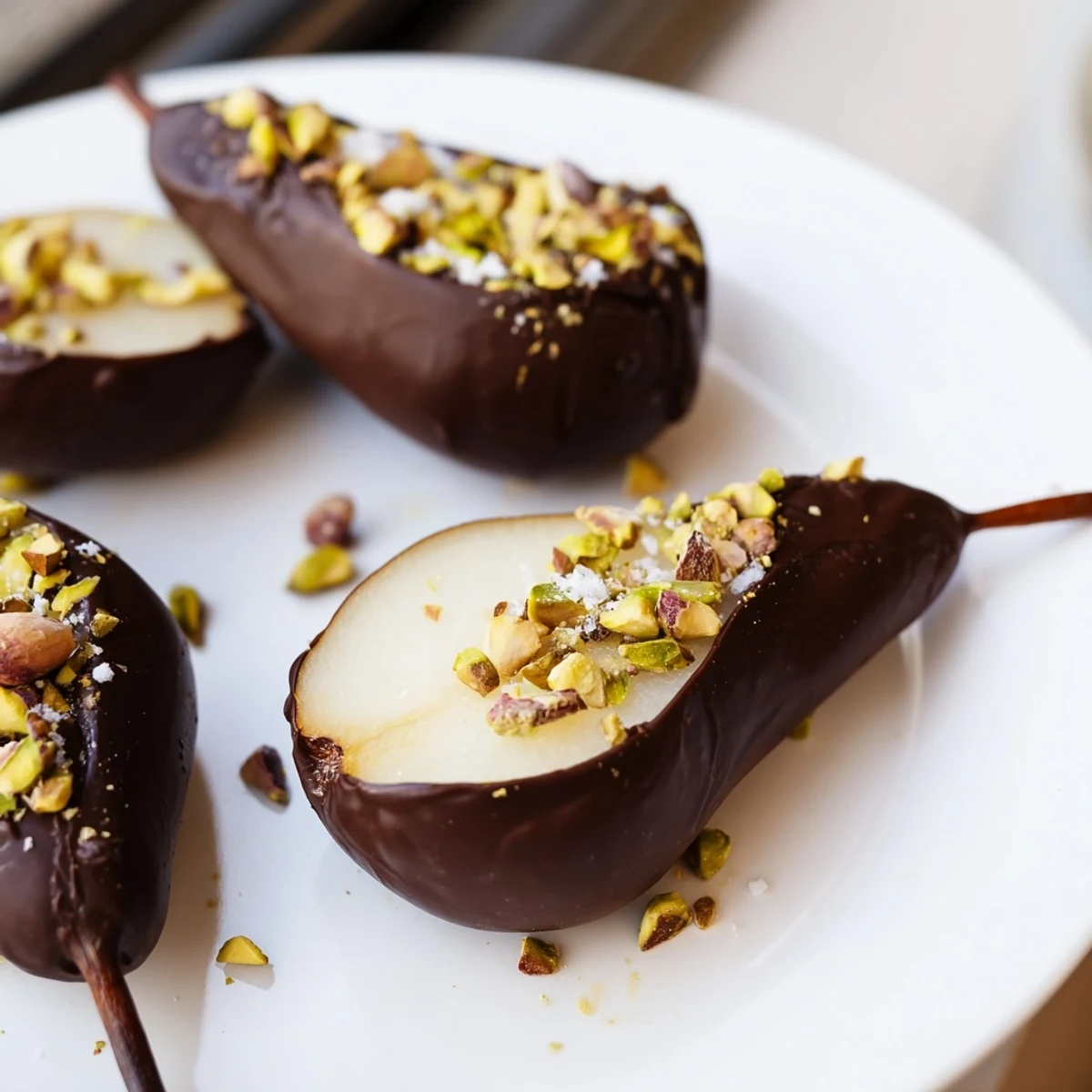 Sweet pear halves in glossy dark chocolate, presented on a cooling rack for a simple vegetarian, gluten-free treat.