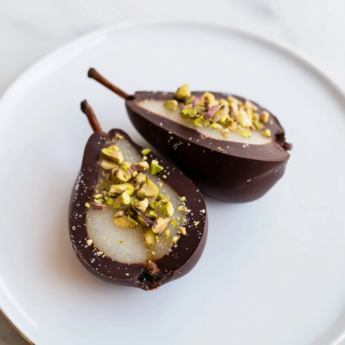 Luscious chocolate covered pears with a dark cocoa shell, sprinkled with toasted nuts and a hint of salt.