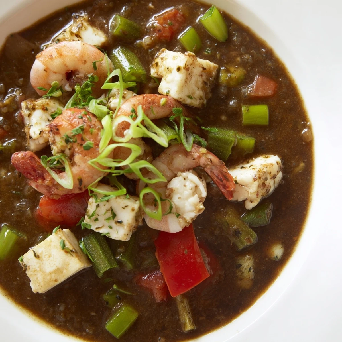 A close-up of rich, dark Seafood Gumbo with Okra and Tomatoes, ladled over fluffy white rice in a ceramic bowl.