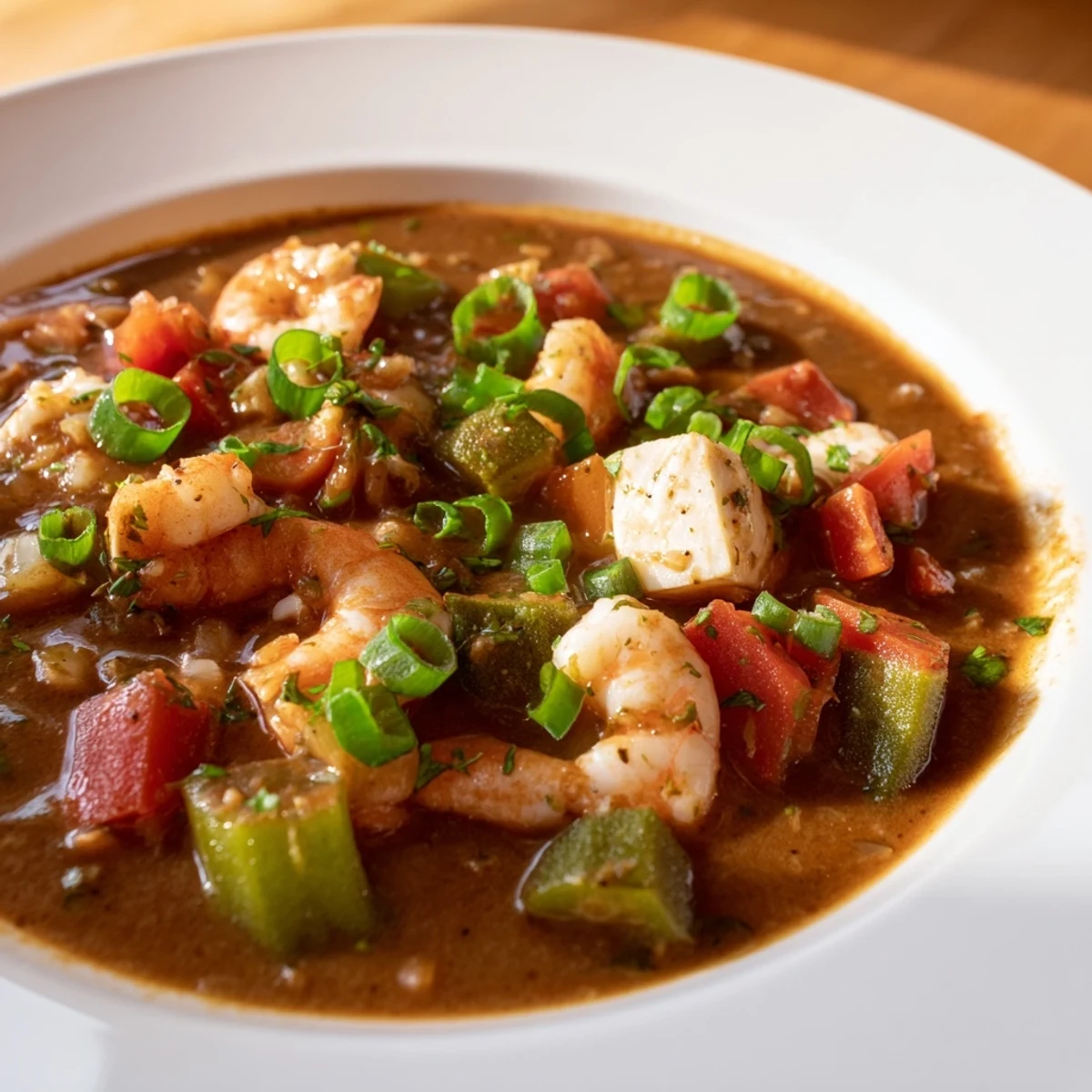 A rustic cast-iron pot brimming with Seafood Gumbo with Okra and Tomatoes, featuring shrimp and fresh parsley garnish.