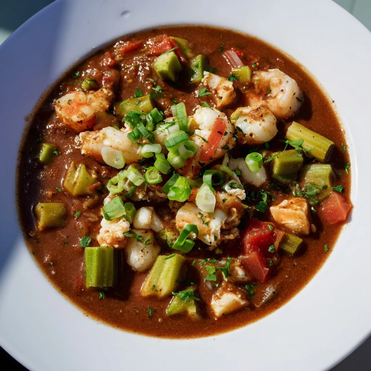 Spoon dipping into a warm bowl of Seafood Gumbo with Okra and Tomatoes, revealing tender fish and succulent shrimp.