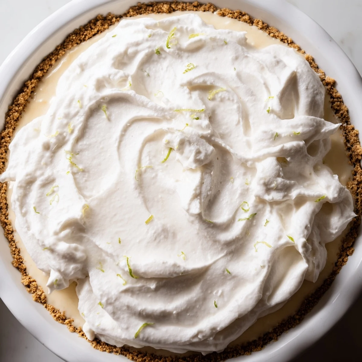 Close-up view of Key Lime Pie with Whipped Cream Topping, featuring the glossy lime filling, crumbly crust texture, and soft, dolloped whipped cream, ready to serve at a summer gathering.
