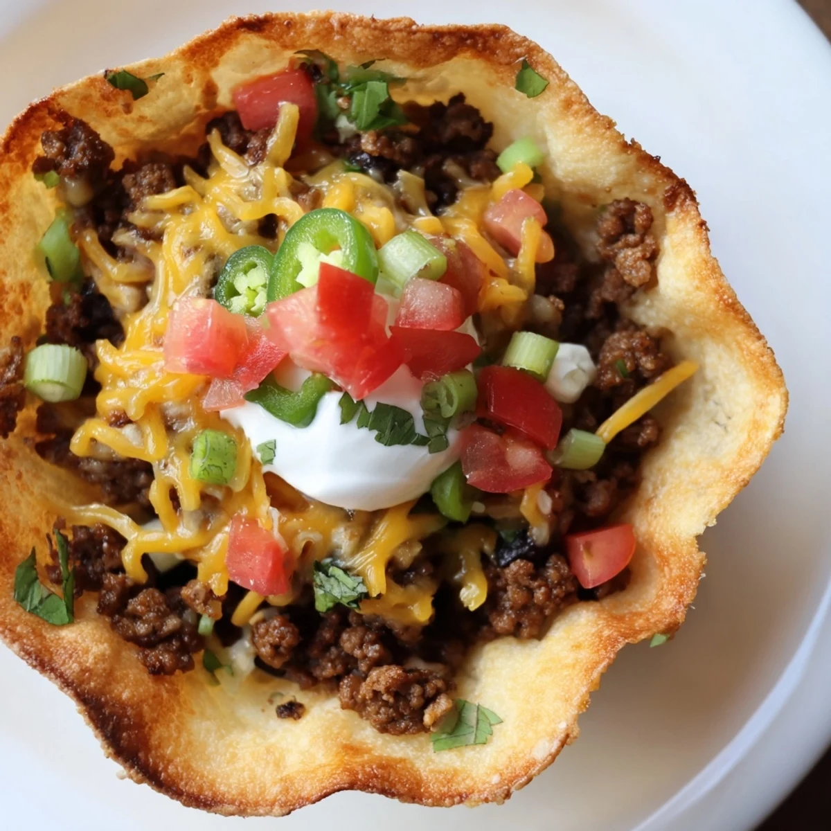 Golden-brown, crispy Taco Cups with ground beef and melted cheese, topped with sour cream, tomatoes, and fresh cilantro.