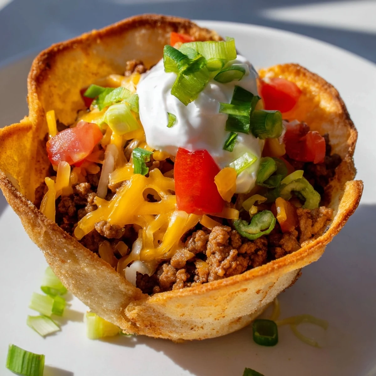 Bite-sized Taco Cups filled with seasoned ground beef and cheddar, arranged on a platter for a festive party appetizer.