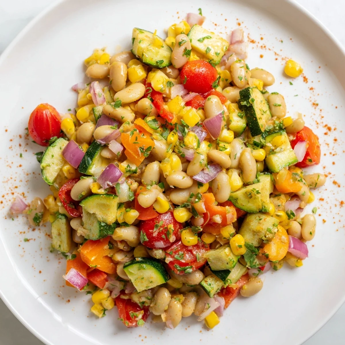 Steamed lima beans and sweet corn kernels sautéed with red bell pepper, zucchini, and onions in a skillet.  