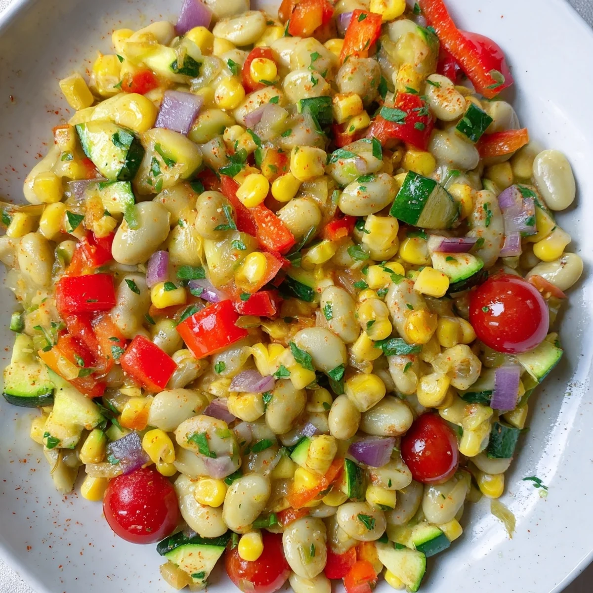 Hearty succotash served warm as a vibrant vegetarian side dish, garnished with fresh chopped parsley.  