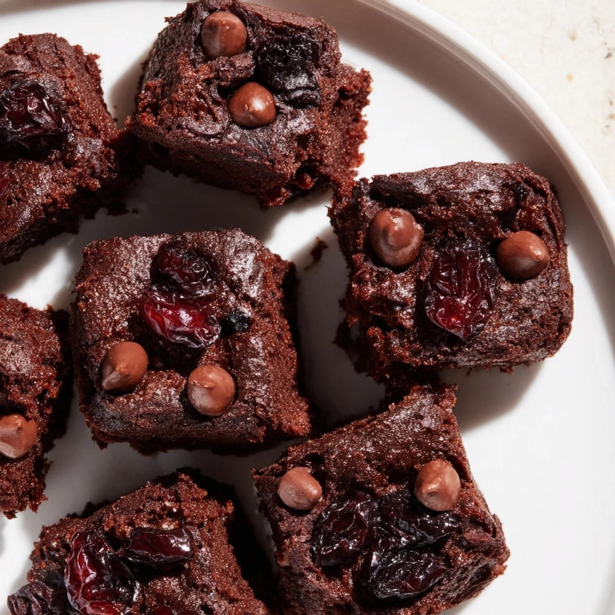 A close-up view of Chocolate Cherry Brownie Bites on a rustic wooden table, showing the rich fudgy texture and glistening chocolate chips inside.