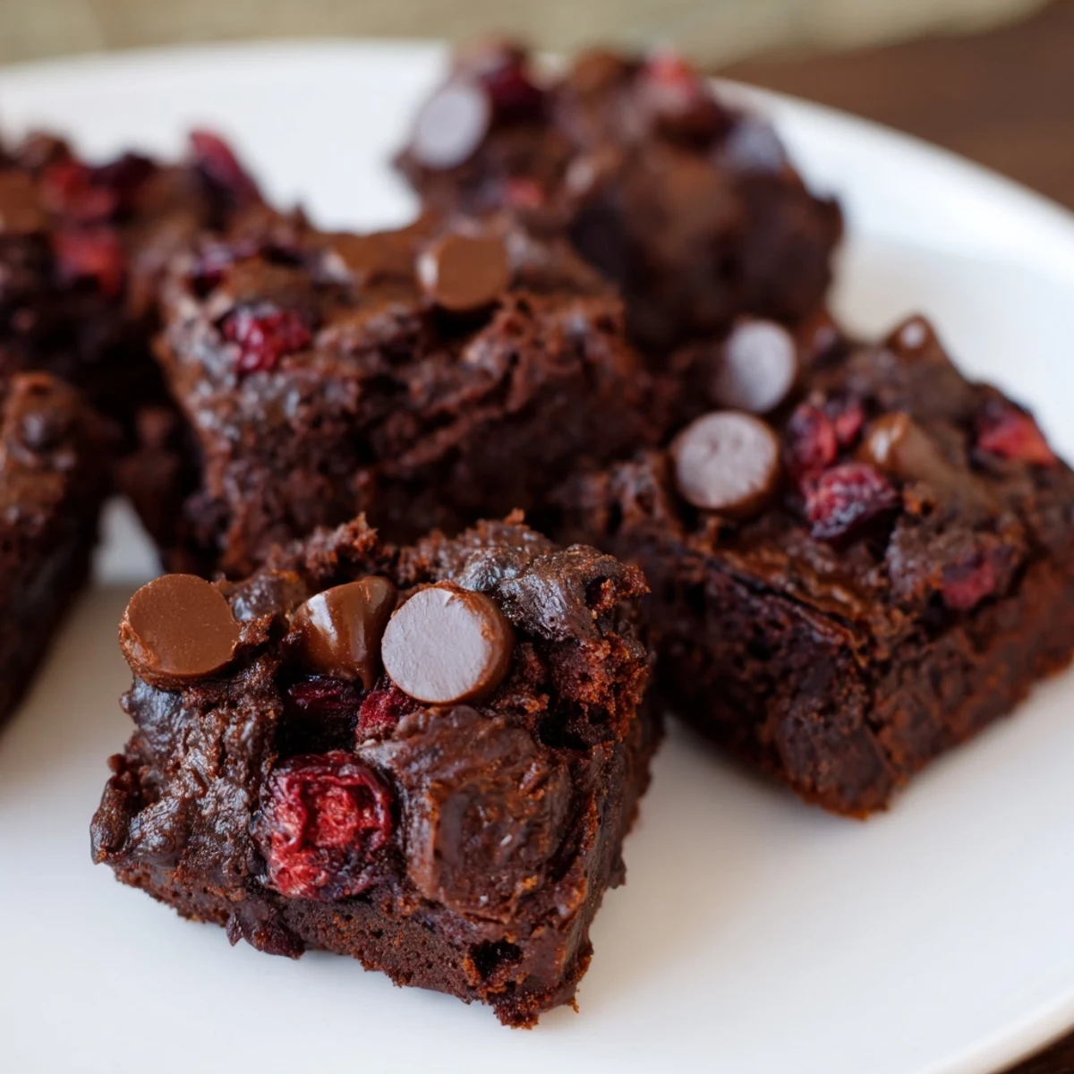 From above, a platter of Chocolate Cherry Brownie Bites with crackled tops, studded with tart dried cherries and melted chocolate.