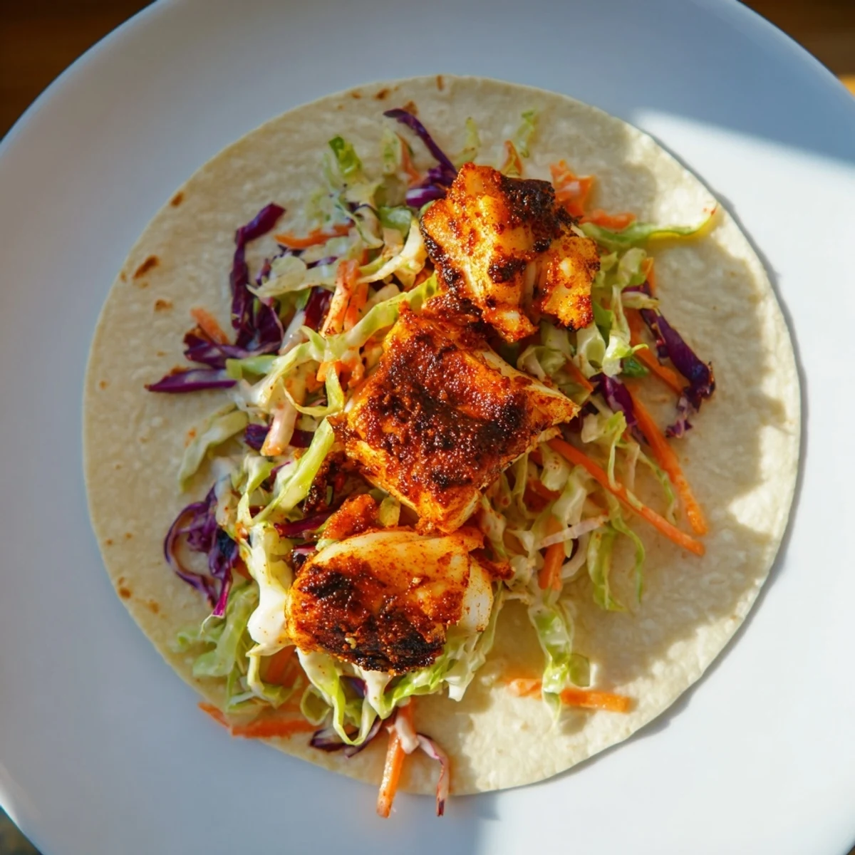 Warm corn tortillas cradle blackened fish fillets topped with crisp, zesty cabbage slaw and fresh cilantro.