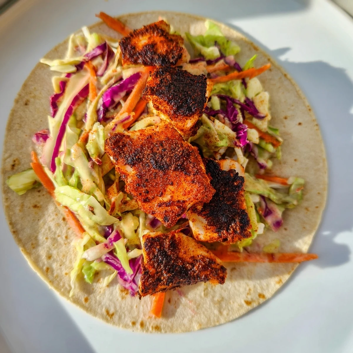 Blackened Fish Tacos with Slaw feature charred, spicy fish nestled into soft shells with lime.