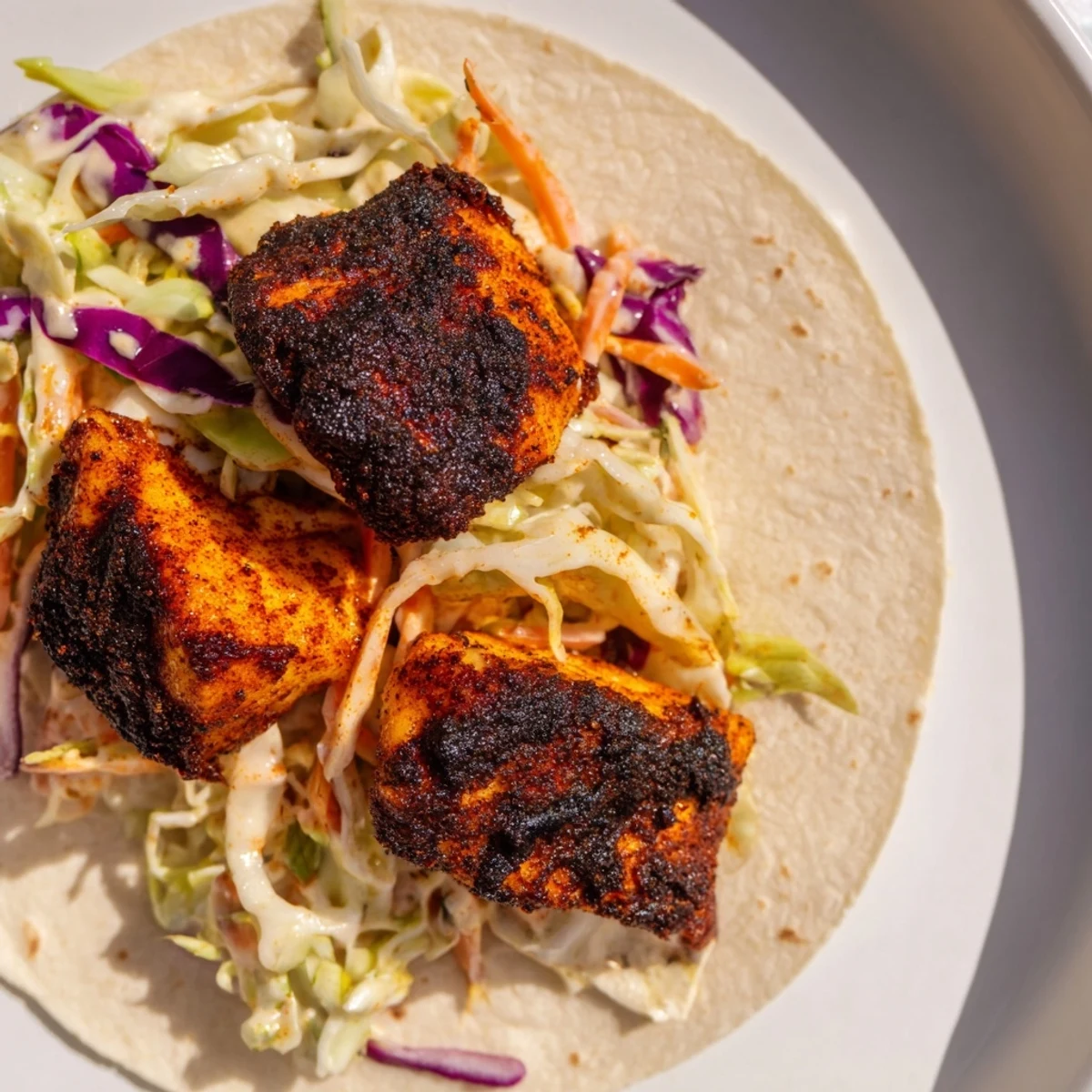 A vibrant platter of Blackened Fish Tacos with Slaw garnished with lime wedges and cilantro.