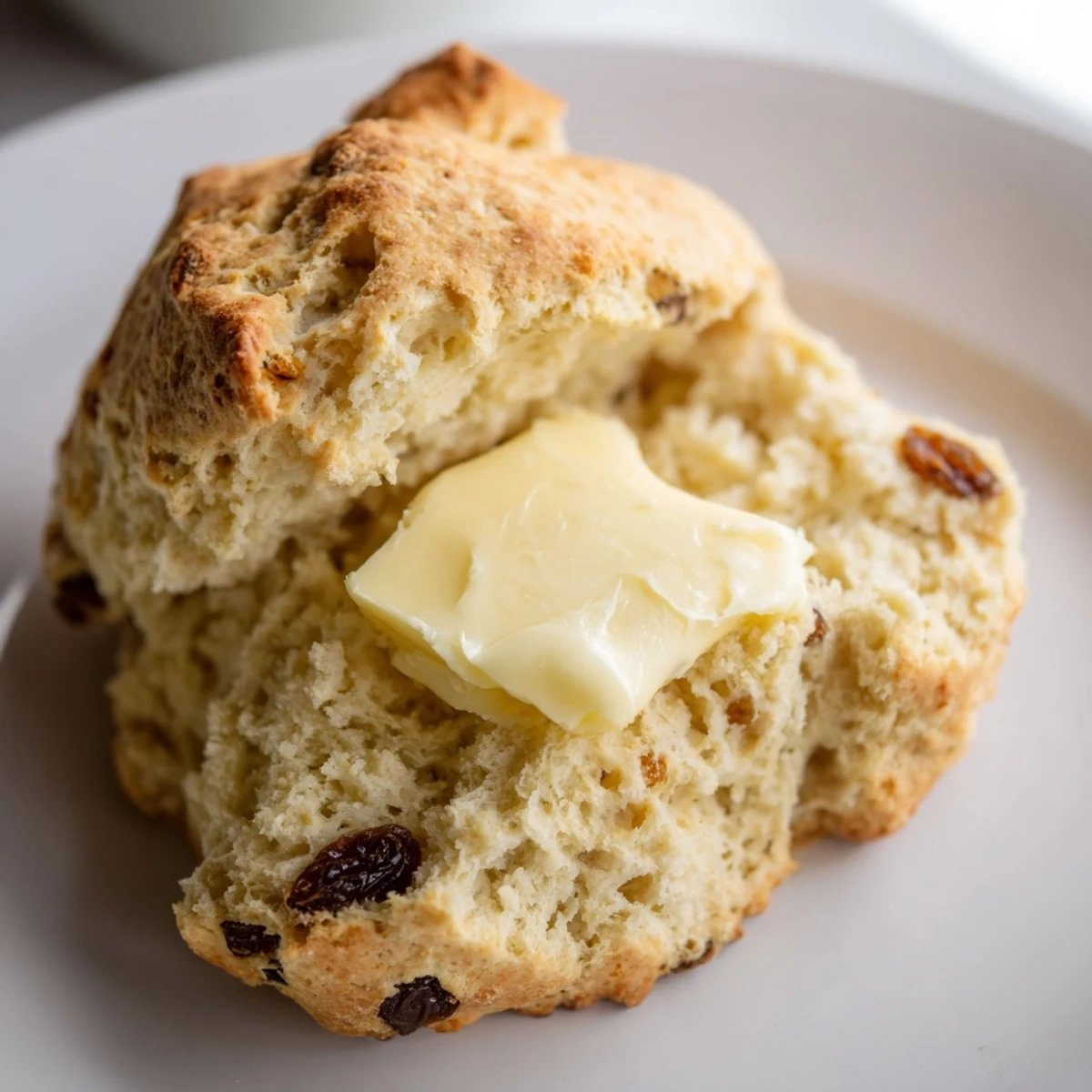 Freshly baked Irish Soda Bread Scones with a golden crust and fluffy interior, served warm with creamy butter on a rustic wooden board.  