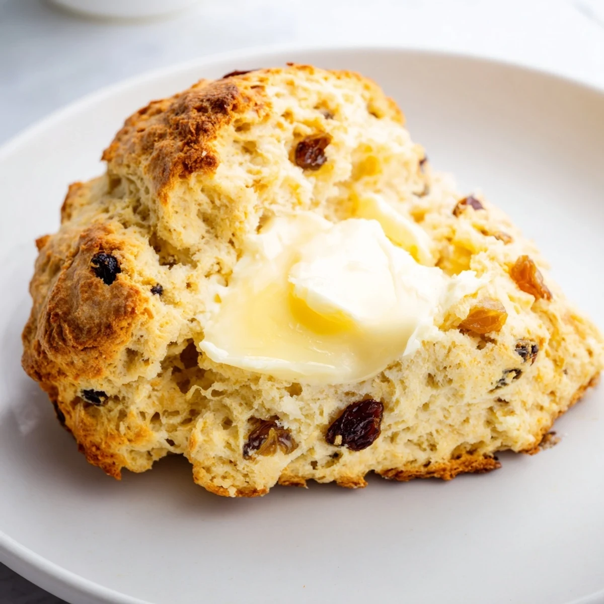 Golden-brown Irish Soda Bread Scones cooling on a wire rack, with a pat of melting butter and a cup of tea nearby.  