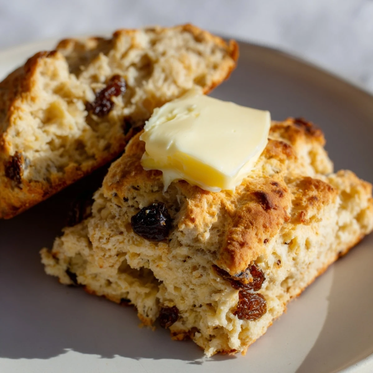 Close-up of Irish Soda Bread Scones showing a tender crumb and raisins, ready to be split and slathered with butter.