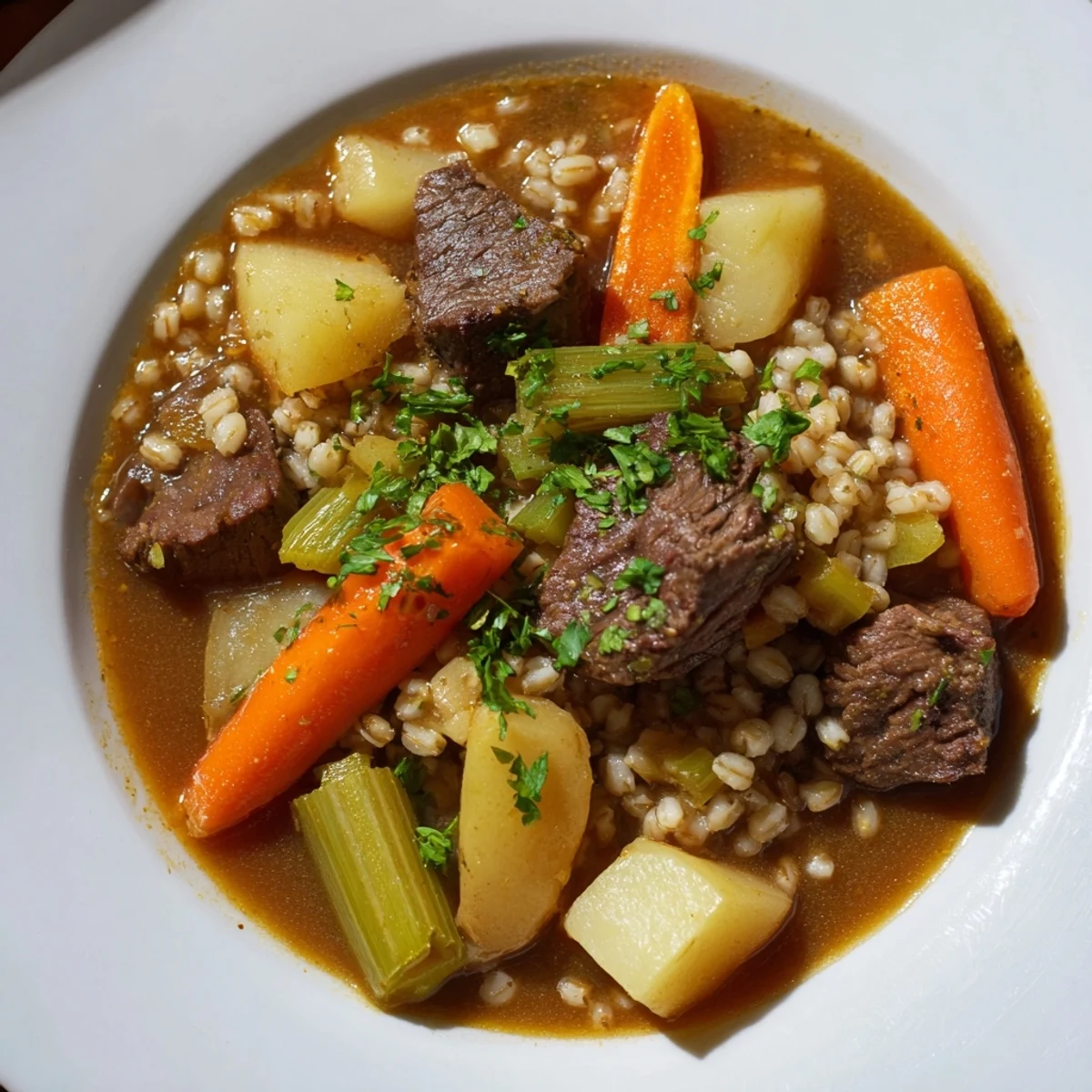 A warm bowl of Irish Stew with Beef and Barley features tender chunks of beef and root vegetables in a rich, savory broth.
