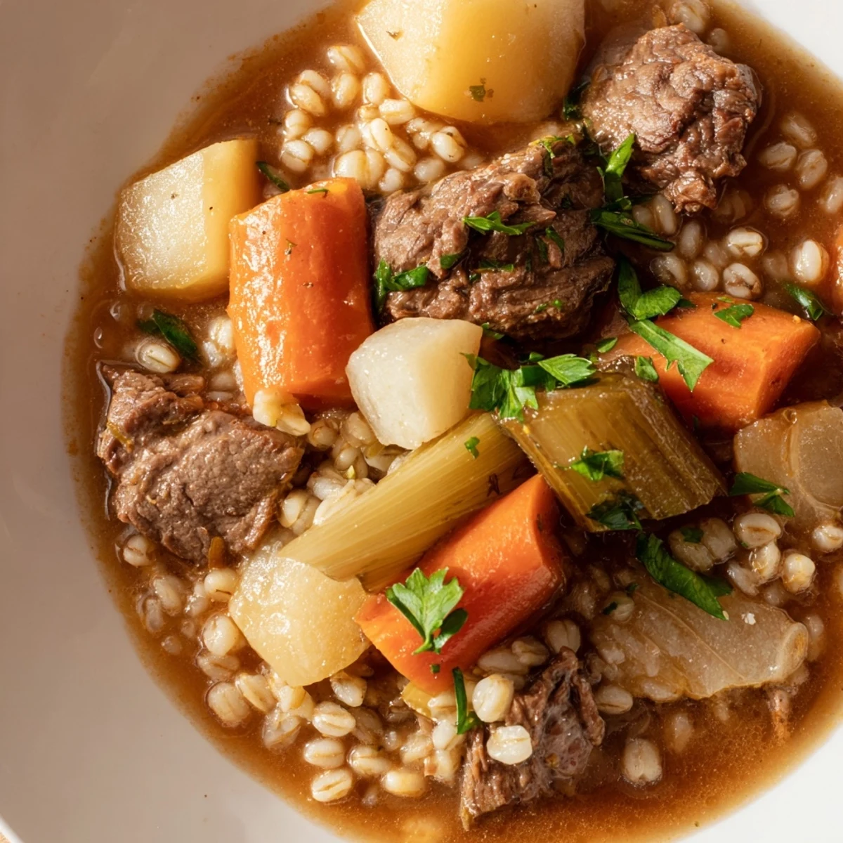 Golden Irish Stew with Beef and Barley is ladled from a pot, garnished with fresh parsley, and served steaming hot.