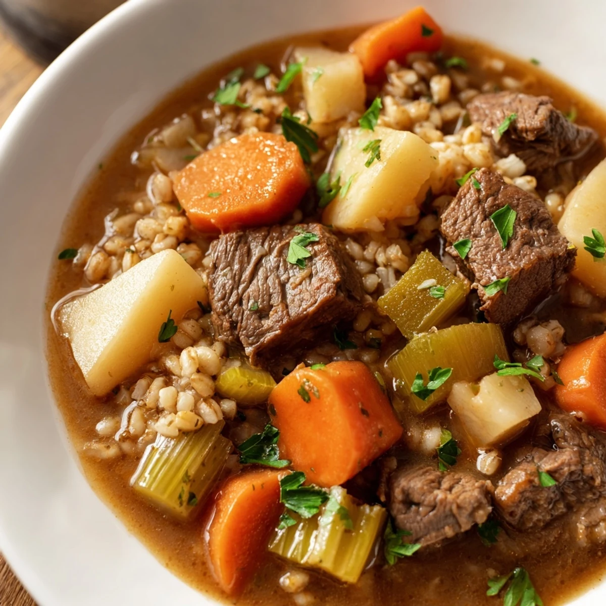 Hearty Irish Stew with Beef and Barley is arranged in a rustic bowl beside crusty bread and a glass of stout.