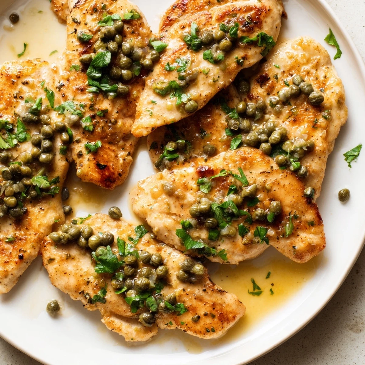Golden-brown chicken piccata cutlets bathed in a vibrant lemon-caper sauce, garnished with fresh parsley.