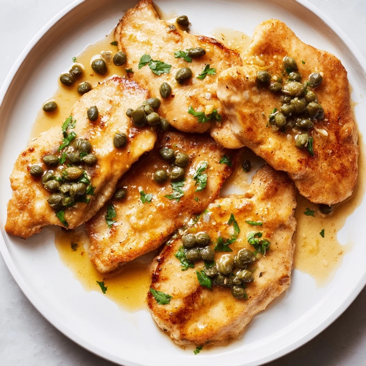 Tender chicken piccata with capers and lemon, served alongside buttered spaghetti and a lemon wedge.