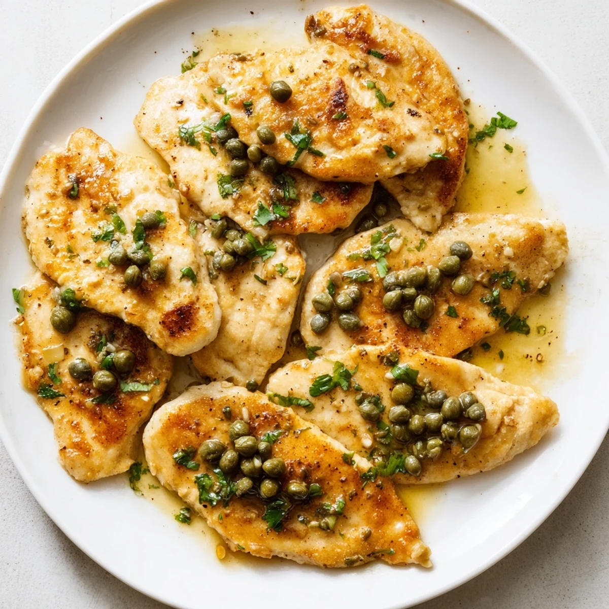 Sizzling skillet of chicken piccata with capers and lemon, finished with glossy, tangy sauce and parsley.