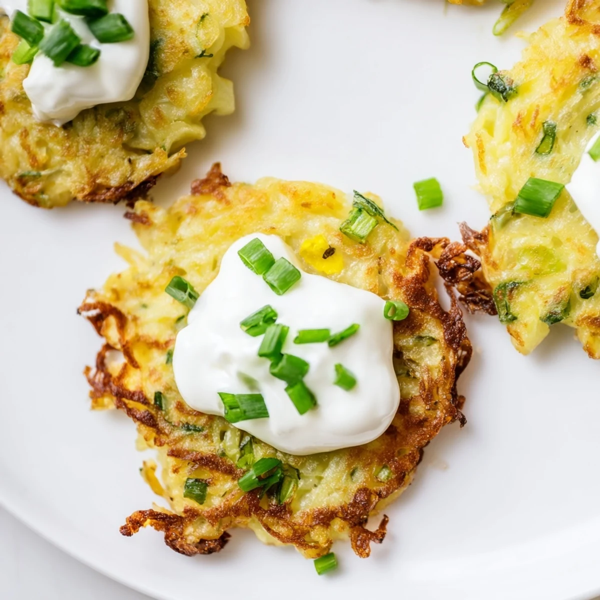 Golden, crispy potato cakes with scallions, served with a dollop of cool sour cream on a rustic plate.  