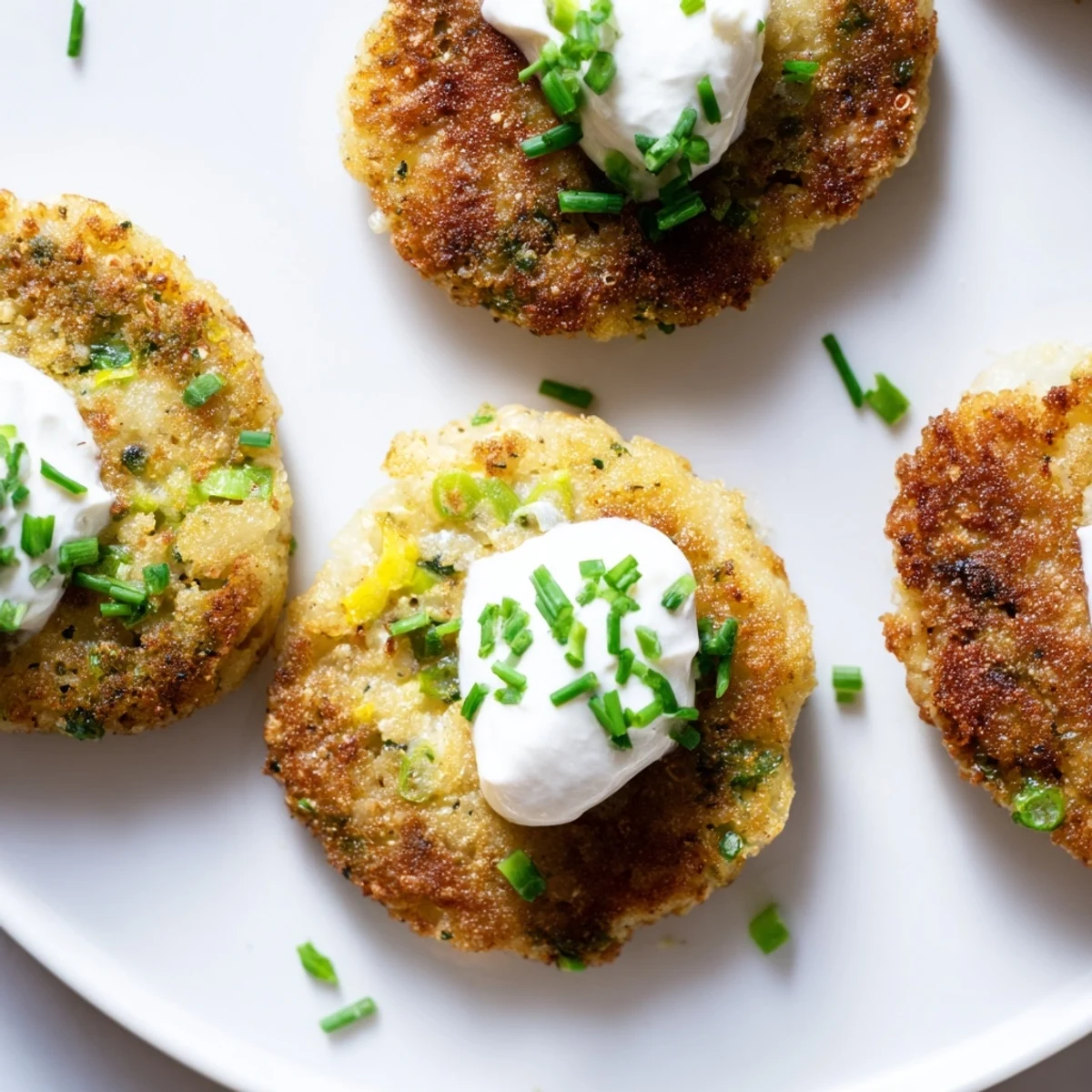 A close-up of golden potato cakes with scallions and a swirl of sour cream, perfect for snacking.  