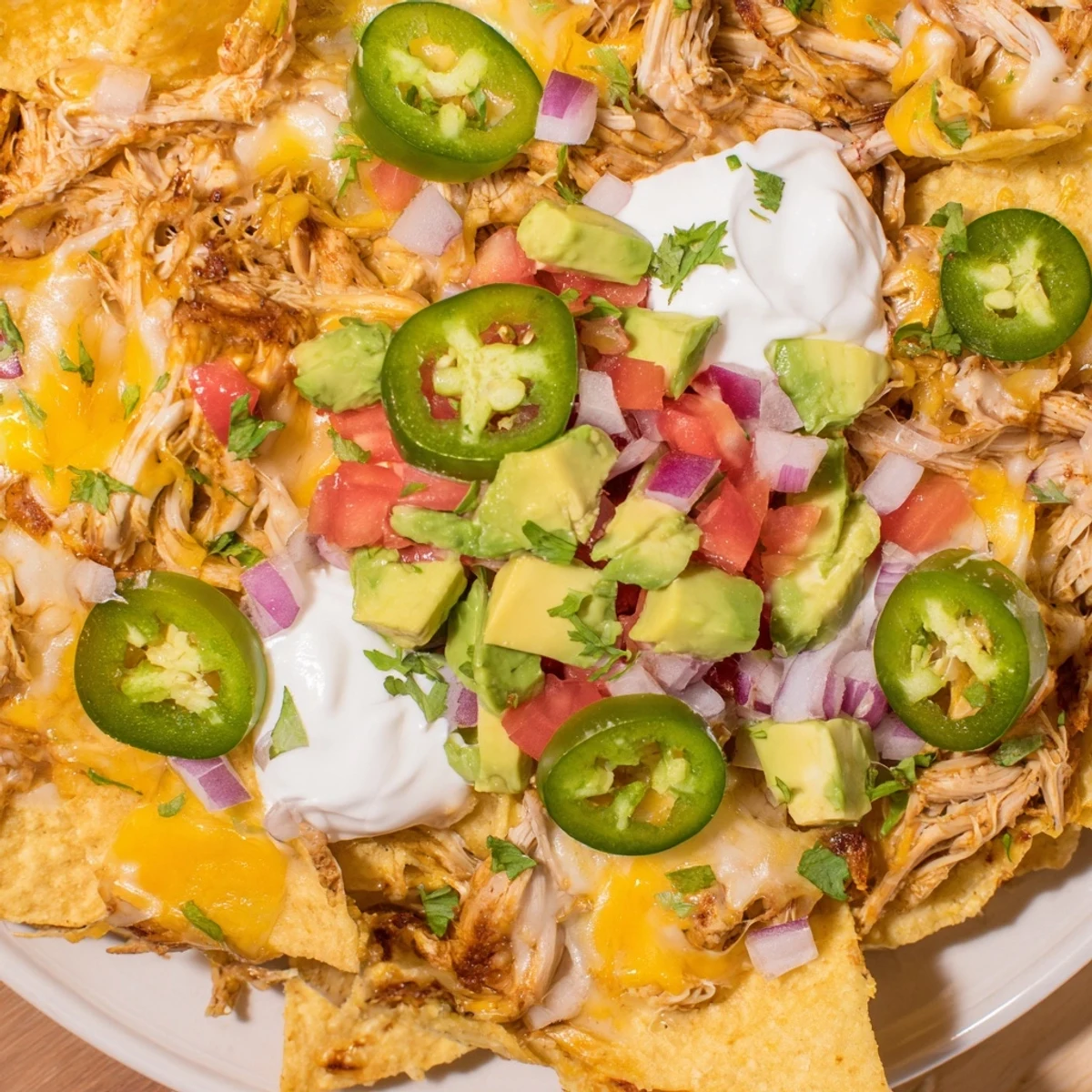 Golden-brown, melted cheese blankets crispy tortilla chips piled high with tender pulled chicken, fresh jalapeños, and vibrant diced tomatoes in this baked Pulled Chicken Nachos platter.