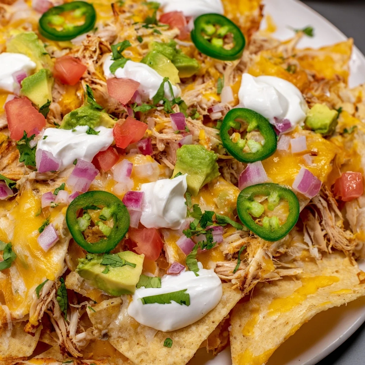 A close-up shows steaming Pulled Chicken Nachos topped with creamy avocado, red onion, cilantro, and a dollop of sour cream beside a lime wedge.