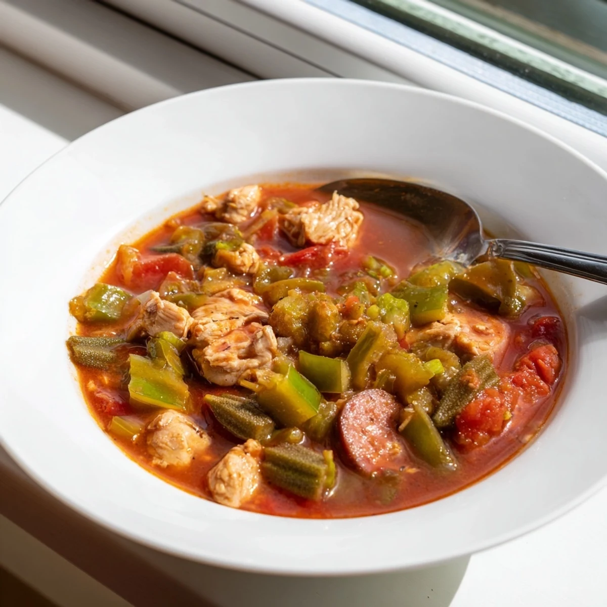 Hearty Chicken and Sausage Stew with Okra served in a rustic bowl with fluffy white rice on the side.