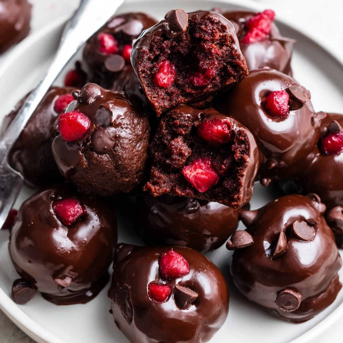 A close-up of Chocolate Cherry Brownie Bites with ganache, featuring rich, fudgy brownies studded with cherries and topped with glossy chocolate.