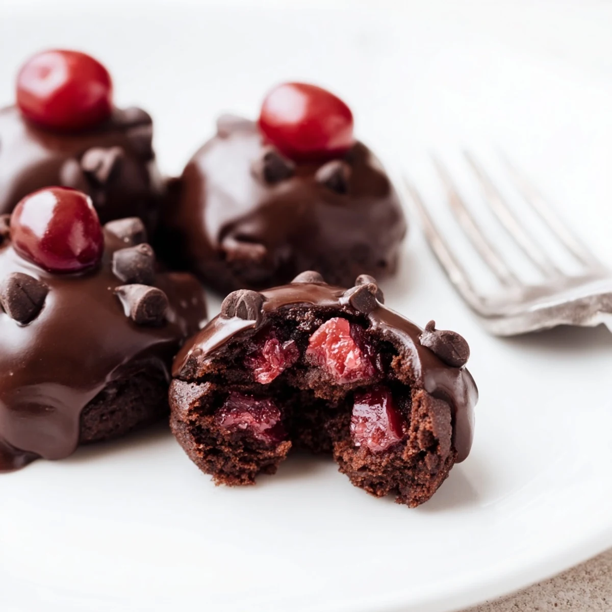 Delicious Chocolate Cherry Brownie Bites cooling on a wire rack, topped with smooth, shiny ganache and ready for an elegant dessert platter.