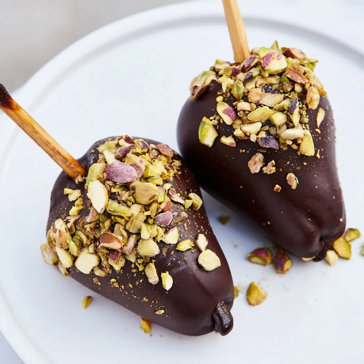 Juicy pear halves coated in rich dark chocolate, sprinkled with crunchy mixed nuts for a simple, elegant dessert.