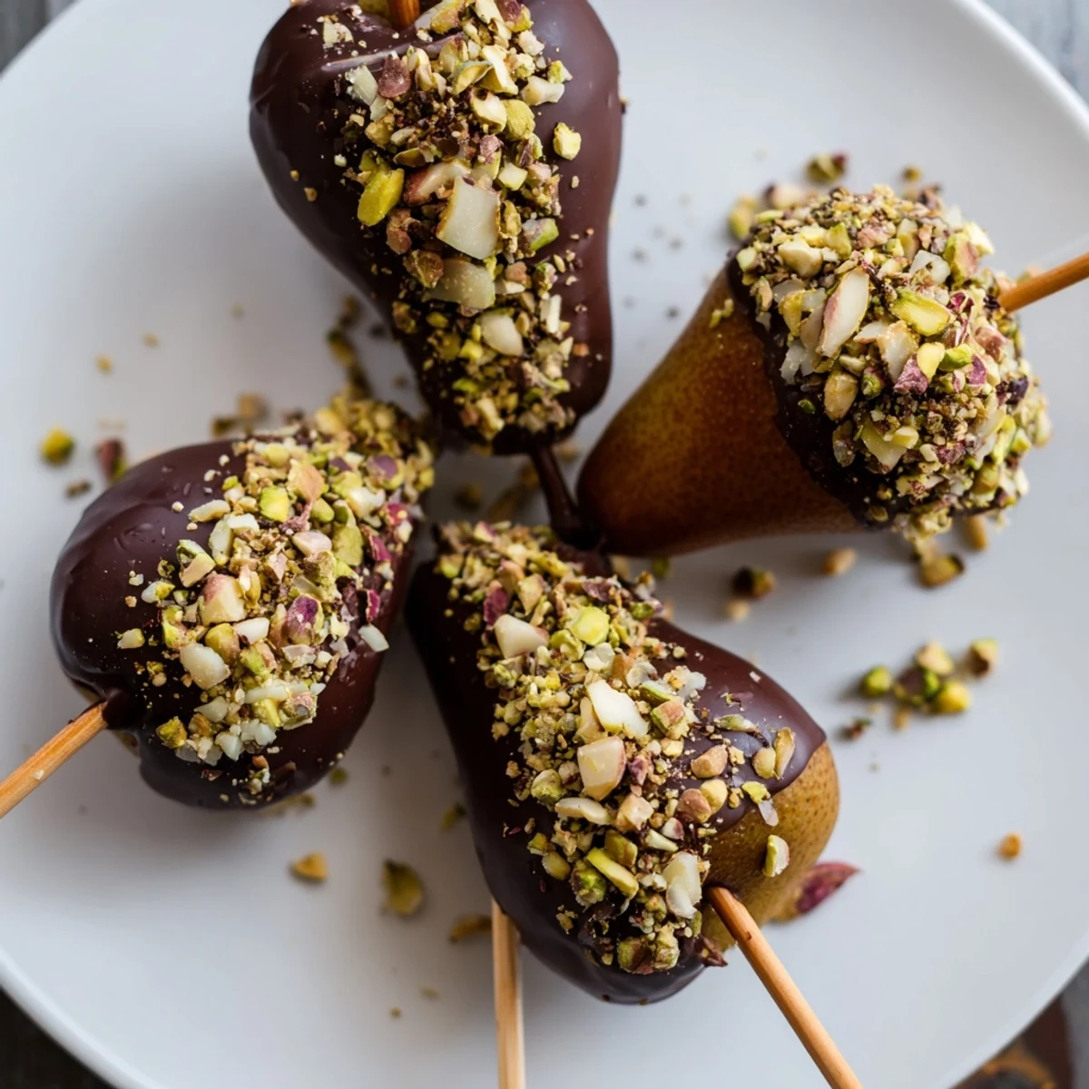 Decadent chocolate covered pears with nuts garnish, served chilled on a rustic wooden board for an indulgent treat.