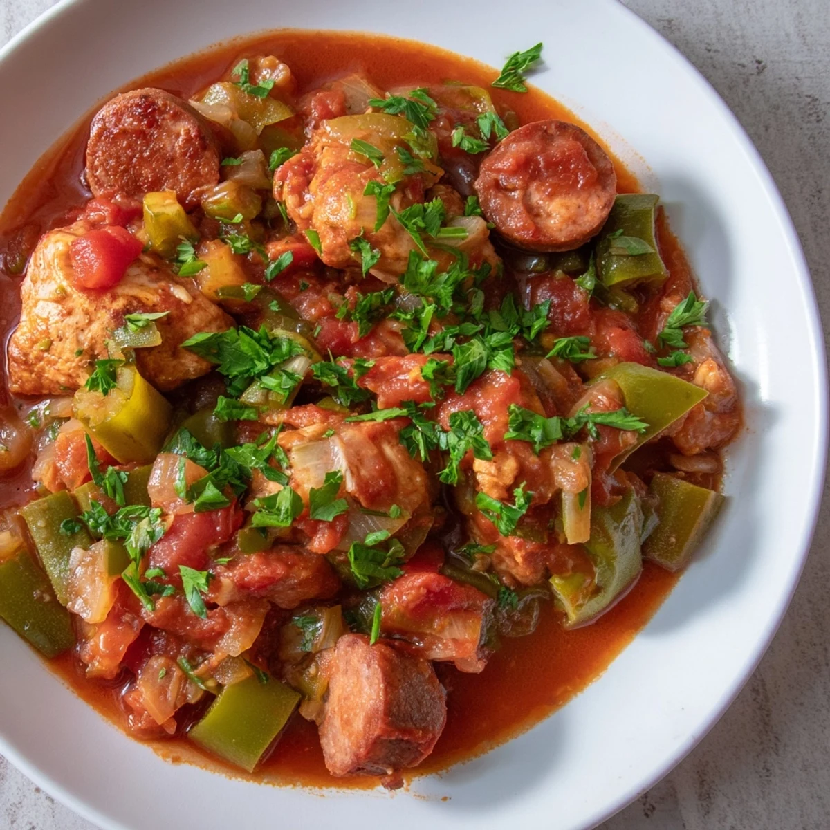 A hearty bowl of Chicken and Sausage Stew with Okra, featuring tender chicken, smoky sausage, and fresh green okra in a rich, tomato-based broth.