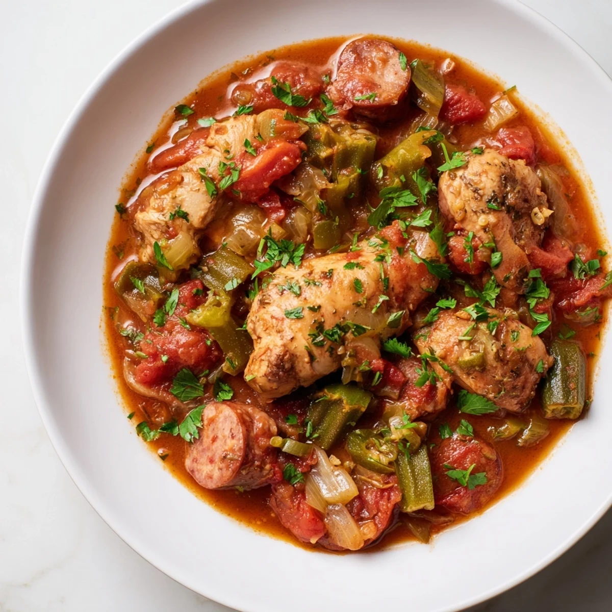 A rustic Dutch oven holds simmering Chicken and Sausage Stew with Okra, garnished with fresh parsley and served alongside fluffy white rice.