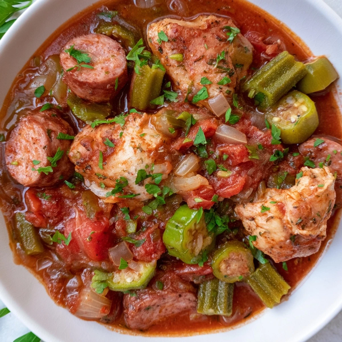 Savory Chicken and Sausage Stew with Okra in a bowl, showcasing tender meat, sliced okra, and a thick, flavorful broth perfect for a Southern meal.