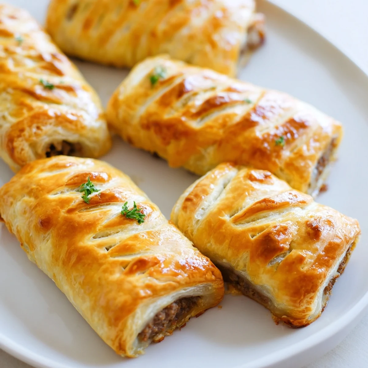 Golden brown Sausage Rolls with Puff Pastry and Beef arranged on a wooden platter, cut in half to reveal juicy beef and herbs inside for a snack.