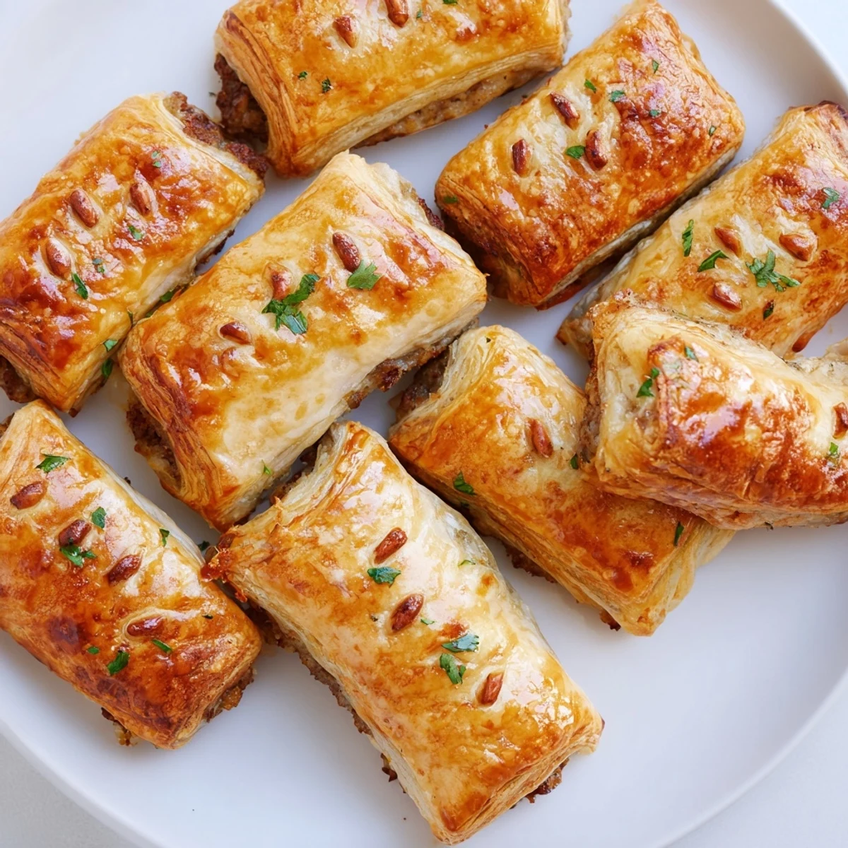 Freshly baked Sausage Rolls with Puff Pastry and Beef with golden, flaky layers and a savory beef filling, served warm with ketchup on a rustic table.