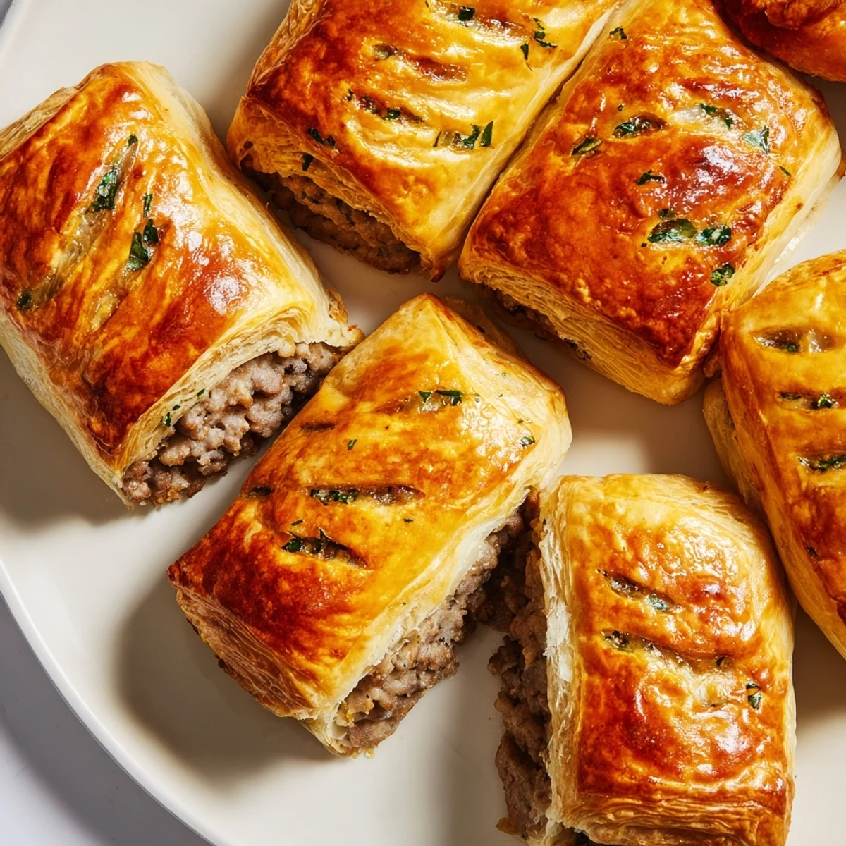 Easy Sausage Rolls with Puff Pastry and Beef on a baking sheet with parchment, brushed with egg wash and scored slits for a perfect party appetizer.