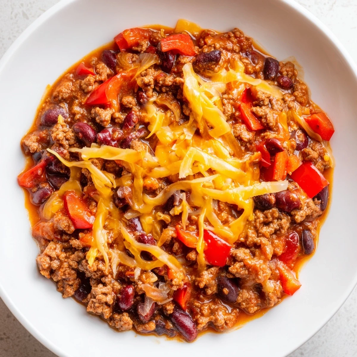Hearty Spicy Beef Chili with Cheddar Cheese in a rustic bowl, garnished with shredded cheddar and served alongside cornbread.