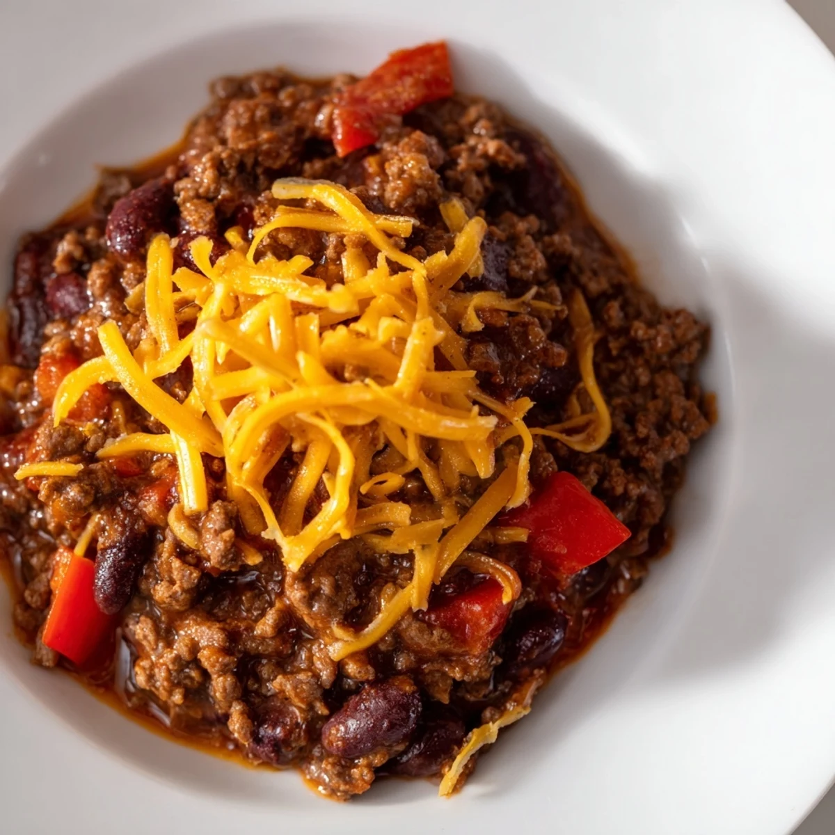 Steam rises from a pot of Spicy Beef Chili with Cheddar Cheese, served with sour cream and sliced scallions on top.