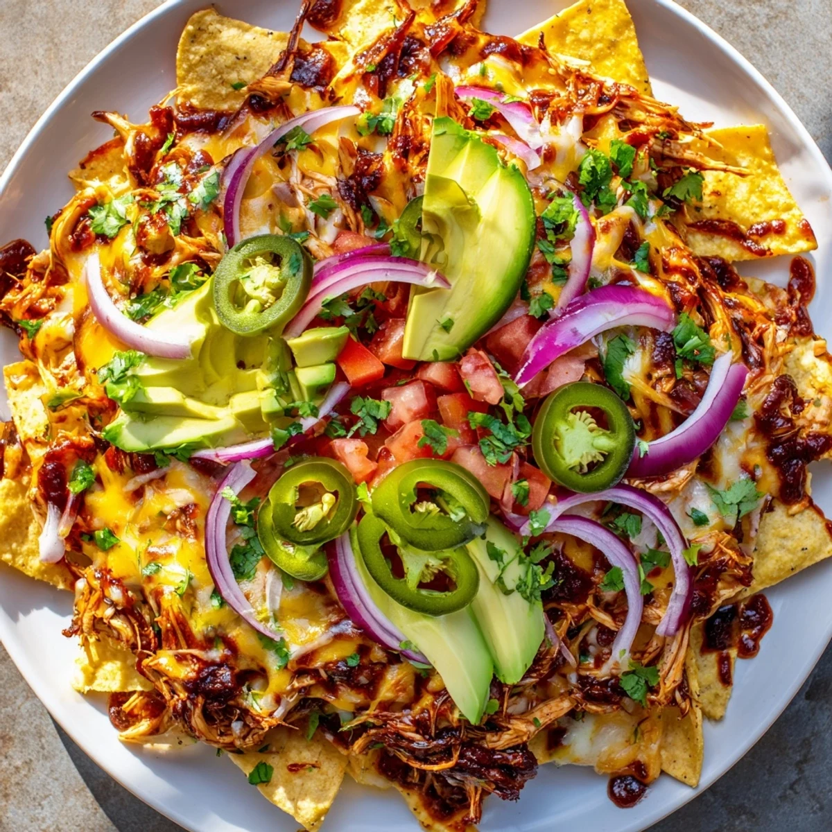 Golden tortilla chips topped with smoky pulled chicken nachos with jalapeños, melted cheddar, and fresh cilantro, ready for game night.