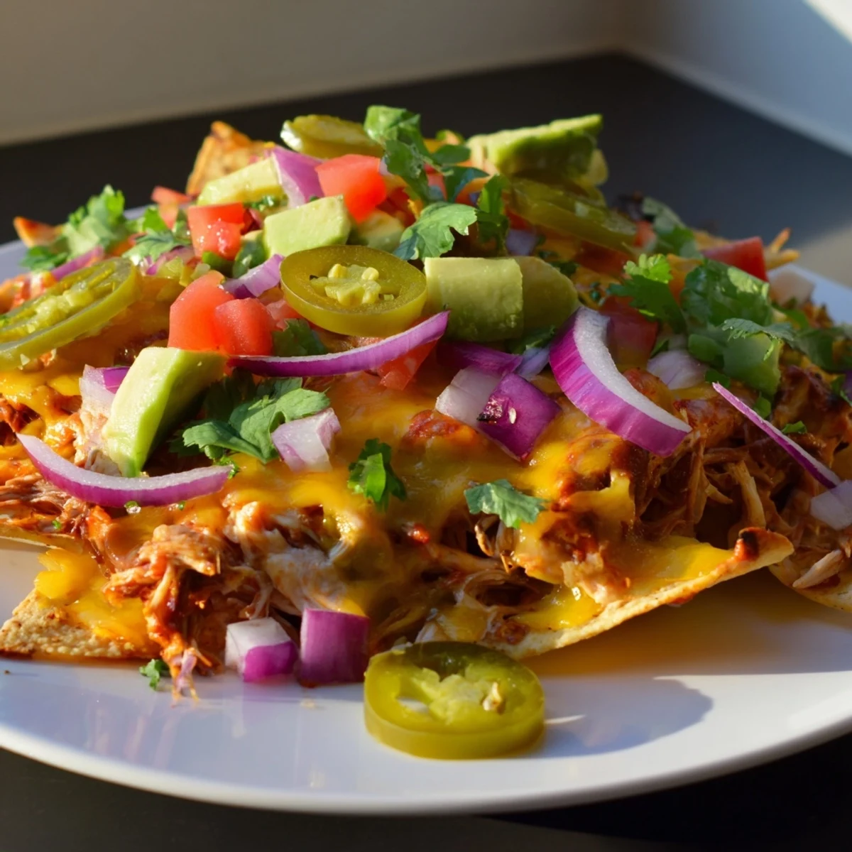 This platter of pulled chicken nachos with jalapeños features bubbling cheese, red onion, and ripe avocado, perfect for sharing.